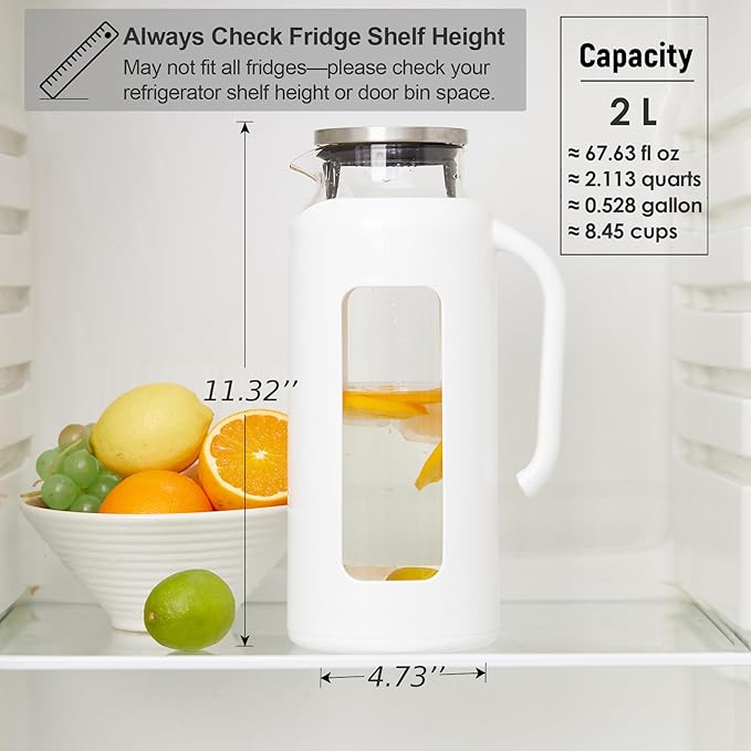 Delove Glass Pitcher with Lid & Shatterproof Shell – Heat-Resistant Borosilicate Glass Jug, 2 L/68 oz with Handle & Spout – Perfect for Iced Tea, Juice, Hot & Cold Water (White)