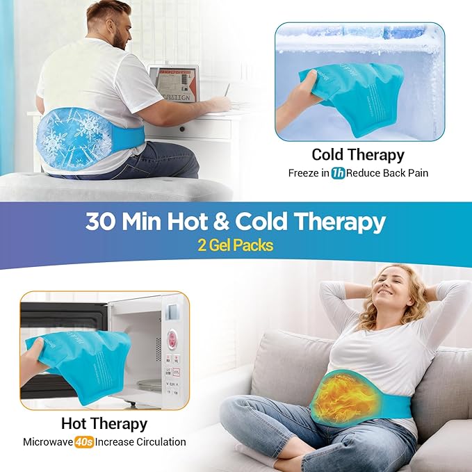 Comfytemp Extra Large Ice Pack for Back Pain Relief, 2 Pcs, Sciatica Ease Brace, Reusable Gel Lower Back Ice Wrap for Injury, Hot Cold Compress for Lower Lumbar, Waist, Men Women After Surgery (Blue)