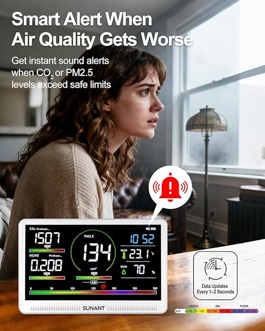 16 in 1 Indoor Air Quality Monitor, 7" LED Display 9 AQI+7 AQI Auto Alerts Air Quality Meter for CO2 Monitor/HCHO/TVOC/Temperature/Humidity, Battery Powered, Air Detector Air Quality Tester for Home