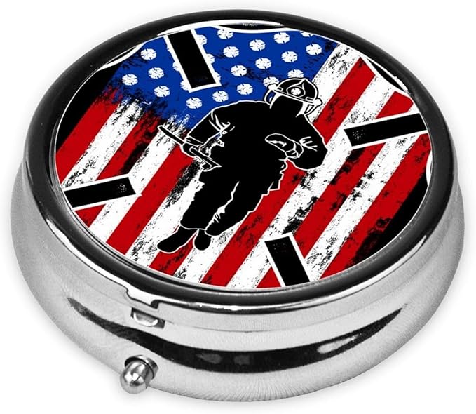 Pill Box,Fireman Flag American Firefighter Round 3 Compartment Pill Box Pocket Purse Decorative Box Portable Mini Travel Medicine Case Tablet Vitamin Holder Organizer Pill Case