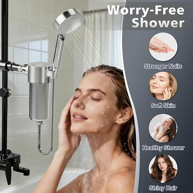 25+Stage Handheld Shower Water Filter with KDF 55 - Advanced Remove Heavy Metals and Chlorine, Leak-Proof Aluminum Design, Suitable for Sensitive Skin and Hair Care