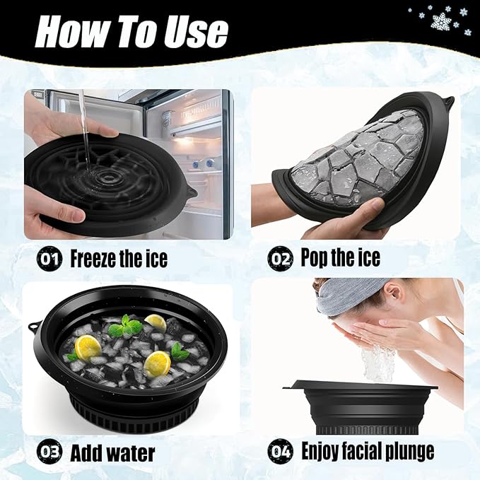Face Ice Bath Bowl Mold With Built-In Icetray, Portable Foldable Silicone Dipping Water Facial Cold Immersion Therapy Plunge Bowl for Face Ice Bath Holder for Home And Travel (Black)