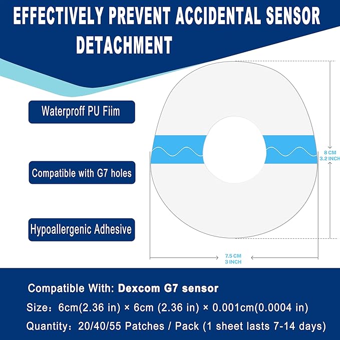55Packs Adhesive Patches for Dexcom G7 Adhesive Patches -Waterproof & Sweatproof Adhesive for Long Stay, Pre-Cut Adhesive Medical Tape, Continuous Glucose Monitor Sensor Cover, Easy to Apply CGM Patch