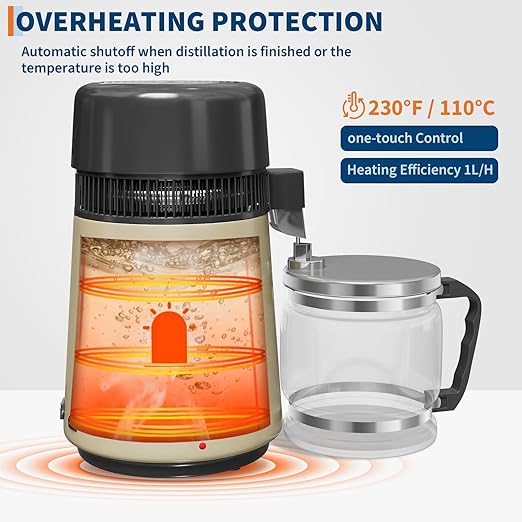 4L Countertop Stainless Steel Distilled Water Purifier, Distilled Water Making Machine with Glass Container, Ideal for Household, Workplace, Lab, and Aquarium Usage-Golden