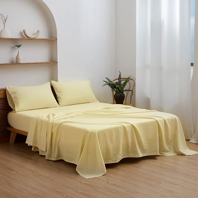 Simple&Opulence Belgian Linen Sheet Set Solid Color - 4 Pieces (1 Flat Sheet, 1 Fitted Sheet & 2 Pillowcases) Natural Flax Cotton Blend Soft Breathable Farmhouse Bedding - Full Size, Pale Yellow