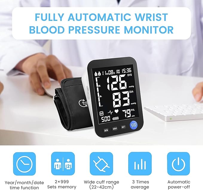 Blood Pressure Machine for Home Use, Automatic Blood Pressure Monitor with Extra Large Screen, Adjustable BP Cuff Arm Kits 2 * 999 Memories 4 Batteries Includes Charging Cord (Black)