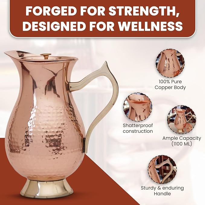 100% Pure Copper Pitcher 50.72 oz 1500 ml, Traditional Mughlai Copper Water Jug with Lid & Handle, Copper Drinking Water Pitcher for Daily Use, Ayurvedic Inspired