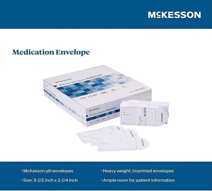 McKesson Pill Envelopes for Medicine [1000 Count] Medication Packets, Imprinted, Moisture Seal, 100 Count, 10 Packs