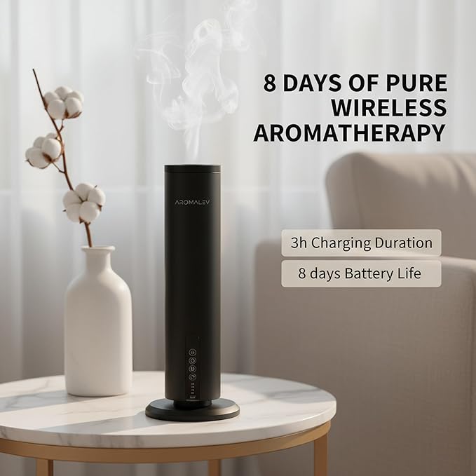 Waterless Nebulizing Essential Oil Diffuser – Wireless Rechargeable Bluetooth App Control – Cold Air Aromatherapy Scent Machine for Large Rooms, Home, Office & Spa – Quiet & Portable, Black