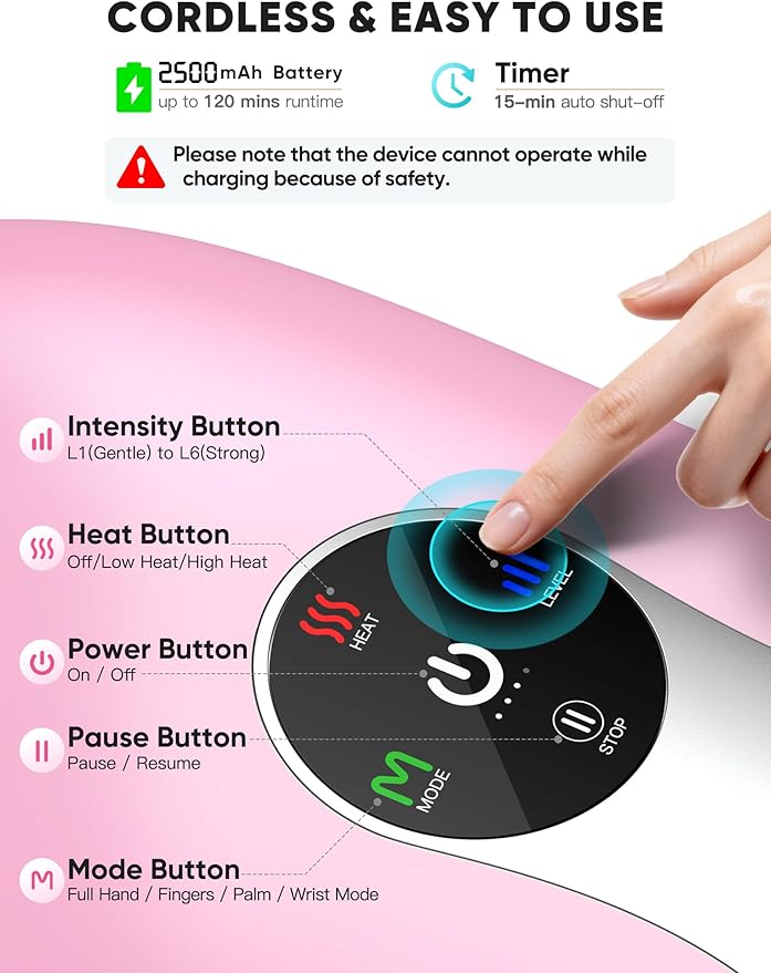 Hand Massager with Heat and Compression : Cordless Heated Hand and Wrist Massager for Palm, Fingers, and Comfort Relief – 4 Modes 6 Intensities, Portable Rechargeable, Wife Husband (Pink)
