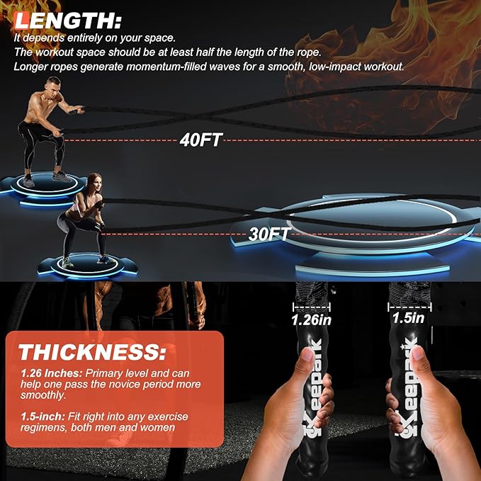 Battle Ropes for Home Gym Exercise - 1.5 Inch Diameter 40FT Length Workout Rope Training Exercise Ropes with Protective Sleeve, Heavy Battle Rope for Workout Exercise Fitness & Strength Training