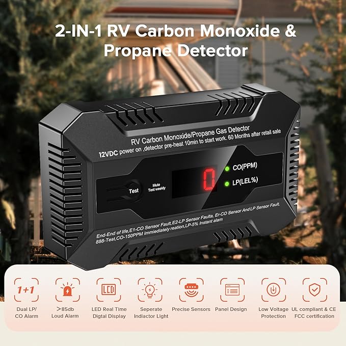 Nuleto RV Dual LP/CO Alarm，RV Carbon Monoxide & Propane Gas Detector with Separate LED Indicator Light, Early Warning to Ensure RV Camping Safety Travel (with 1 Bracket), Black