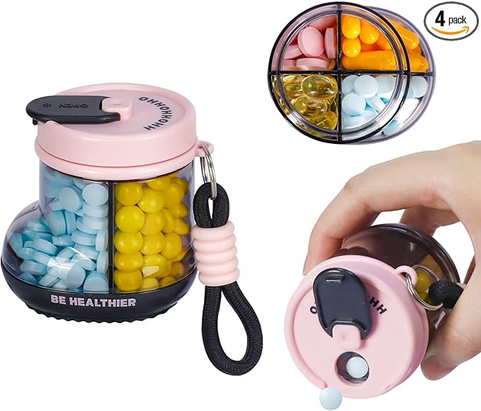 KIGI Travel Pill Organizer, Small Pill Dispenser with 4 Compartments, Portable Vitamins Organizer with Handle