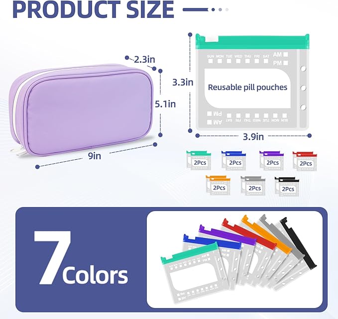 Weekly Pill Organizer 2 Times a Day - Timueetech A6 Waterproof 14 Pill Pouch Bags for Travel, BPA-Free Medicine Storage with Labels & Self-Sealing Design for Vitamins and Supplements, Purple