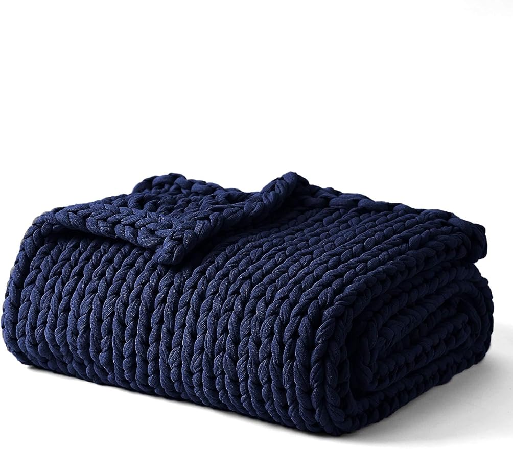 YnM Cooling Weighted Blanket, 100% Cotton Handmade Chunky Knitted Blanket, Weighted Lap, Breathable Heavy Blankets, Machine Washable Throw for Sleep or Home Decor (Navy Blue, 40x50 Inch, 7lbs)