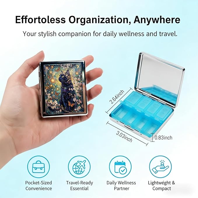 Metal 7 Day Pill Organizer, Weekly Pill Case 8 Compartments, Travel Pill Box for Purse & Pocket, Small Medicine & Vitamin Organizer, PP Dividers, Secure Clasp (Starry Black Cat)
