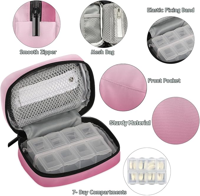 Weekly Travel Pill Organizer Case for Purse with Removable 7 Day Box Portable Compact Size Pill Box Fashionable Pill Container for Medicine Vitamin Supplement Pink White