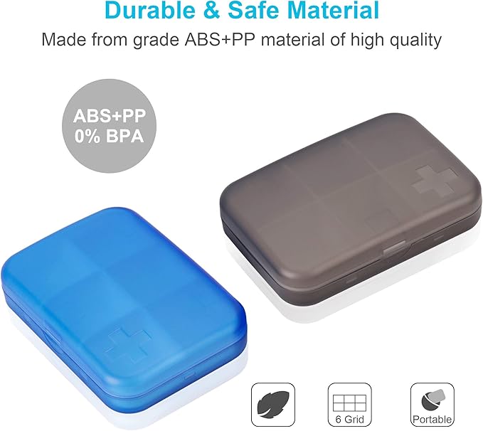 2PCS Portable Travel Pill Organizer Case for Pocket or Purse Cute Small Daily High Quality Pill Box Blue+ Grey(6 Compartments)