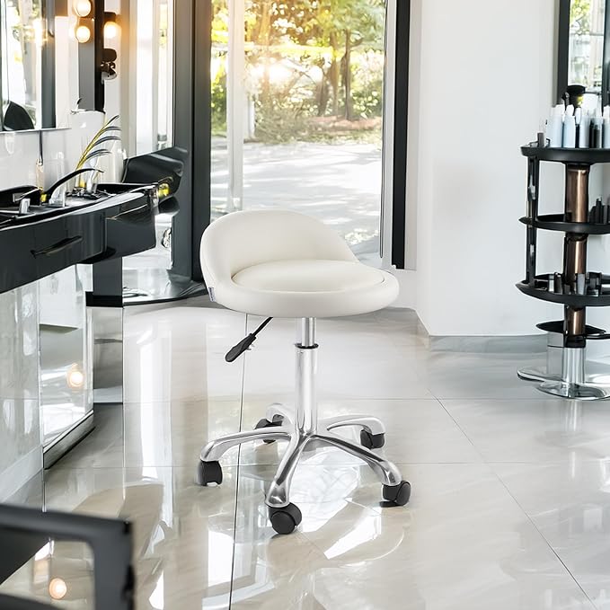 Saloniture Rolling Hydraulic Salon Stool with Low Backrest - Adjustable Swivel Chair for Spa, Shop, Salon, Massage, or Medical Office, Cream