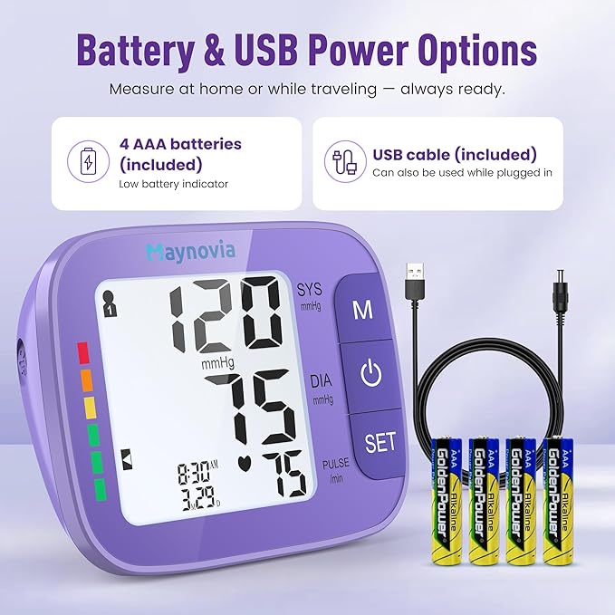 Upper Arm Blood Pressure Monitor with Wide Cuff, Automatic Digital BP Machine for Home Use, Large Backlit Display, Irregular Heartbeat Detection, Includes Storage Bag & 2×60 Memory (Purple)