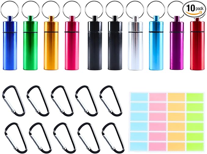 Small Portable Pill Case, (10 Pack) Waterproof Aluminum Pill Organizer with Keychain Portable Travel Case for Medications Vitamins Airtight Multiple Colors for Camping Outdoor Activities