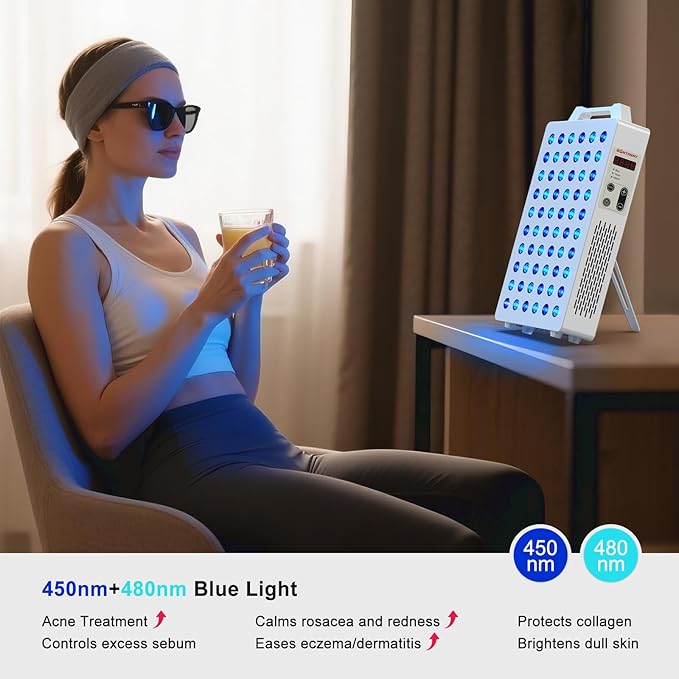 Blue/Yellow Light Therapy, 450/480/590nm 3 Wavelengths Blue Yellow Light Device with 60 Dual Chip Clinical Grade LEDs, Remote Control, Timer for Face, Body, Improve Skin, BO-300 (White)