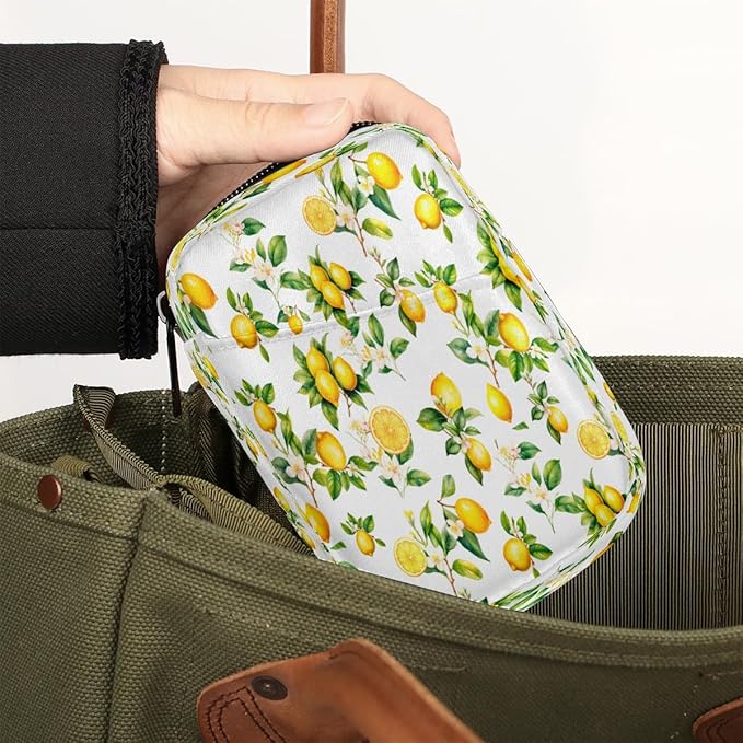 Yellow Fruit Lemon Flower Travel Pill Organizer Box Weekly Portable Pill Case Daily Pills 7 Day Small Birth Control Pills Container Removable Compartments for Medicine Vitamins Fish Oil