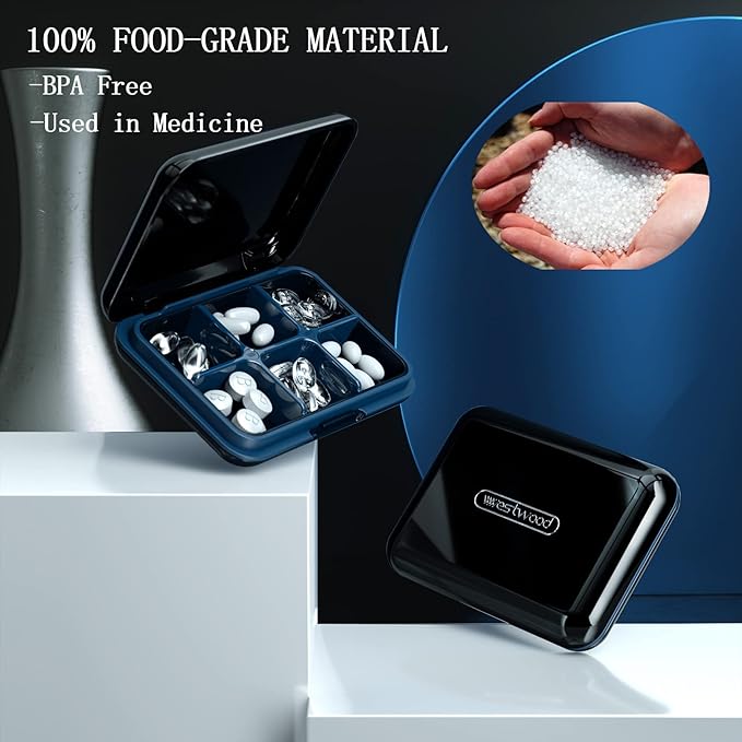DUBSTAR Travel Pill Organizer Moisture Waterproof Small Pill Box for Pocket Purse 4+6 Compartments Portable Pill Case Medicine Vitamin Holder Container,Black