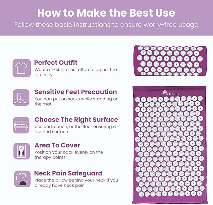 ROMIX Acupressure Mat and Pillow Set, Acupuncture Mat for Back Pain, Neck, Shoulder Pain Relief, Stress Reduction, Wellness Therapy, Cushioned Acupressure Mats with Carry Bag for Men and Women