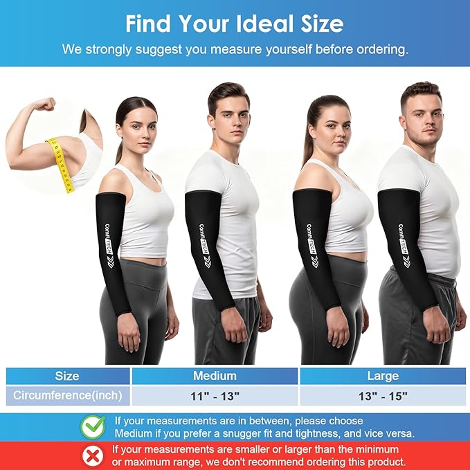 ComfiTECH 2 Pack Full Arm Cold Wrap with Flexible Gel for Athletes, Reusable Cooling Ice Pack for Elbow, Forearm, and Upper Arm, Large, Black