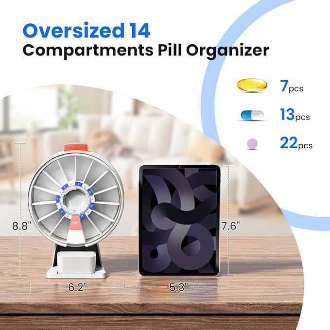 Odaro Large Pill Dispenser, Weekly Pill Organizer 7 Day Am Pm / 14 Day Pill Box, Daily Medicine Pill Organizer with Wall-Mounted or Standing Use for Vitamin, Supplement, Medicine - White