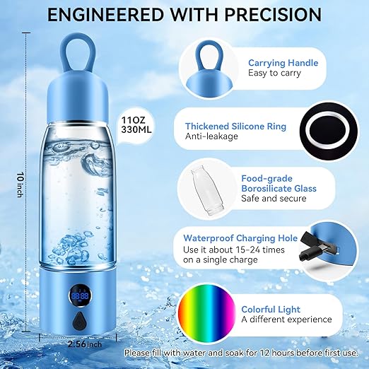 Hydrogen Water Bottle with Three Modes Produces 5000 PPB of Hydrogen Water in 8 Minutes,Made of Aluminium and Glass,with Colorful Light,Rechargeable for Travelling,Office,Home