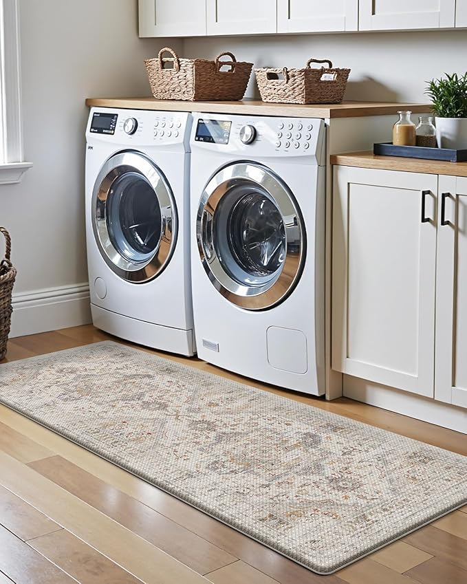 LUMI Kitchen Mat Anti Fatigue Cushioned, Memory Foam Padded Standing Rug Washable, Non Slip Comfort Floor Runner for Home, Sink, Laundry, Office, 17"x59", Creamy White