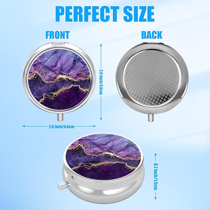 Purple Gold Marble Pill Case, Pill Box 3 Compartments Metal Small Pill Holder with Mirror Mini Travel Pill Container for Purse Pocket Women Men