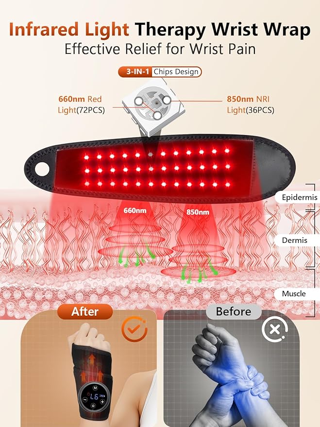 Upgraded 2.0 Red Light Therapy for Hands Wrist with Heat & Massage, 3000mAh Wireless Controller, Infrared & Red Light Wrist Brace & Hands Wrap Pad for Knee Ankle Foot Joint Faster Recovery Pain Relief