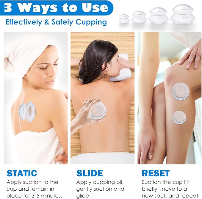 3PCS Silicone Cupping Therapy Set Massage Cups for Muscle Relief/Facial Cellulite Massage/Body Sculpt, Home Use Portable Body Sculpting Kit with Large, Medium, Small Cups (Clear)