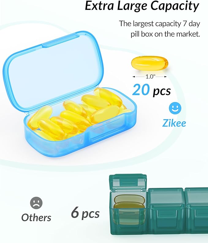 ZIKEE 7 Packs Extra Large Pill Organizer, Portable Pill Box 7 Day for Pocket, Purse, Weekly Pill Case with Dual-Protection Design, Pill Container for Medication, Vitamin, Fish Oil, Supplement, Black