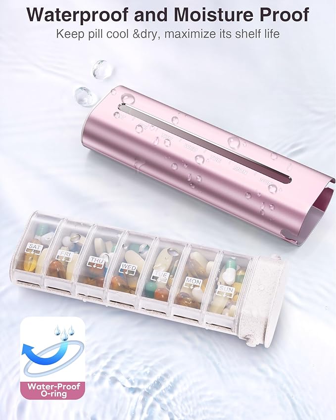 Zannaki Aluminum 7 Day Weekly Pill Organizer, Portable Travel Pill Case with Three Layer Seal, Large Capacity Cute Daily Pill Box, Pill Holder Container for Vitamins, Pills, Supplements and Medication