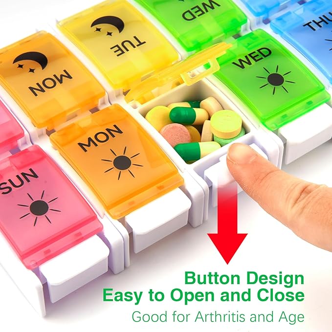 DailyRest Pill Organizer 2 Times a Day, 1 Pack Day Night Pill Case, Detachable Push Button Design, Large Compartment Weekly 7 Day Pill Box, Medicine Organizer for Fish Oil/Vitamins/Supplements
