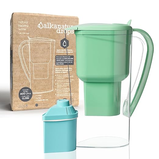 Alkanatur Drops Low Emission Water Filter Pitcher - Hydrogenates + Ionizes + Provides Magnesium Removes Chlorine, Metals, Fluorides, Microplastics, and More - Certified UNE 149101:2015