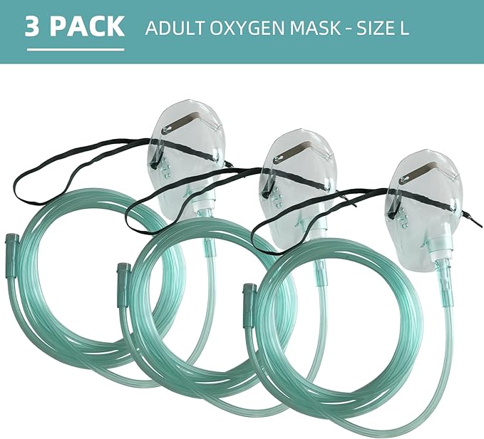3 Pack Oxygen Mask for Face Adult with 7 Ft Tube, Oxygen Mask with Adjustable Elastic Strap - Adult Standard L,Green