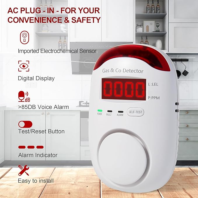 2 Packs Gas & Carbon Monoxide Detectors - Plug in Carbon Monoxide Detector & Propane, Natural Gas Detector, CO Monitor Alarm & Explosive Gas Detector Alarm for Home,RV