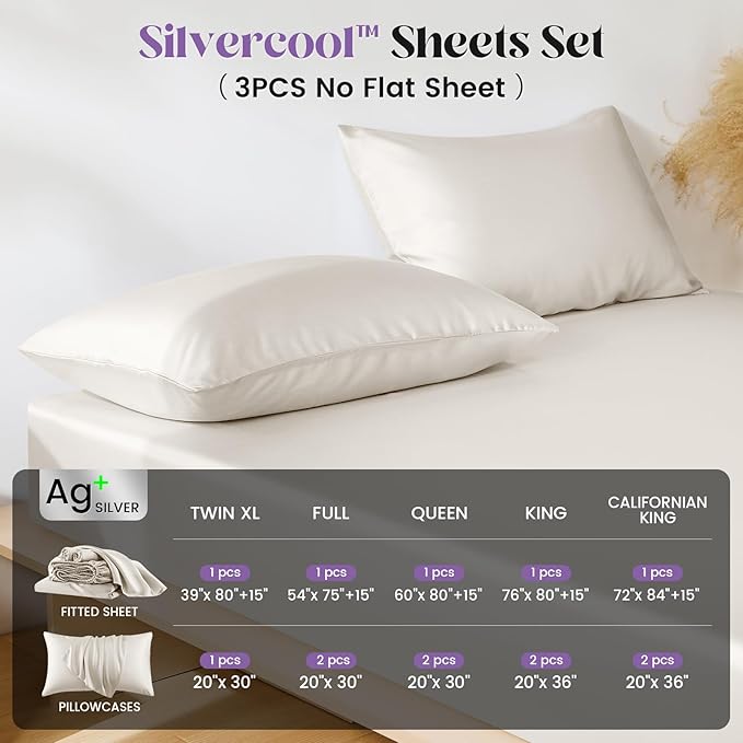 Silver Infused Bed Sheets Set, Cooling Eucalyptus Sheets, 3X Freshness Sleep and Odors Free for Hot Sleepers, Softer Breathable Than Silk Sheets (White, King, No Flat Sheet)