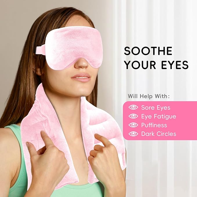 Heating Pad Microwavable and Eye Mask Set, Neck Heating Pads 26.6X5.3'' for Shoulders Back Hot Packs Pain Relief Stress Relief Warm Compress Microwave Wrap Pink Gift for Women Girls