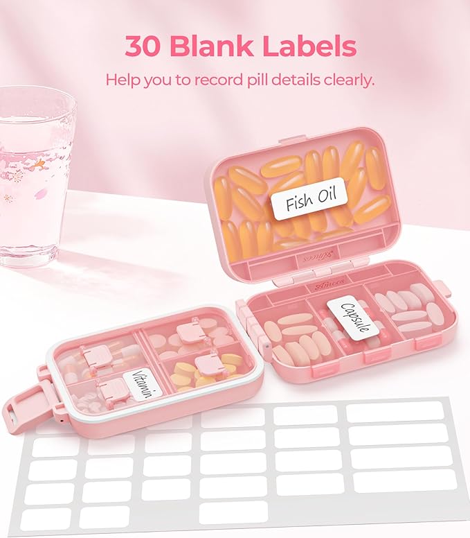 Compact 3-Layer Travel Pill Organizer, Cute Pill Box Case with Pull-Tab Design for Easy Opening, Medication Organizer with 8 Compartments for Supplements, Vitamins, Fish Oils, 30 Labels