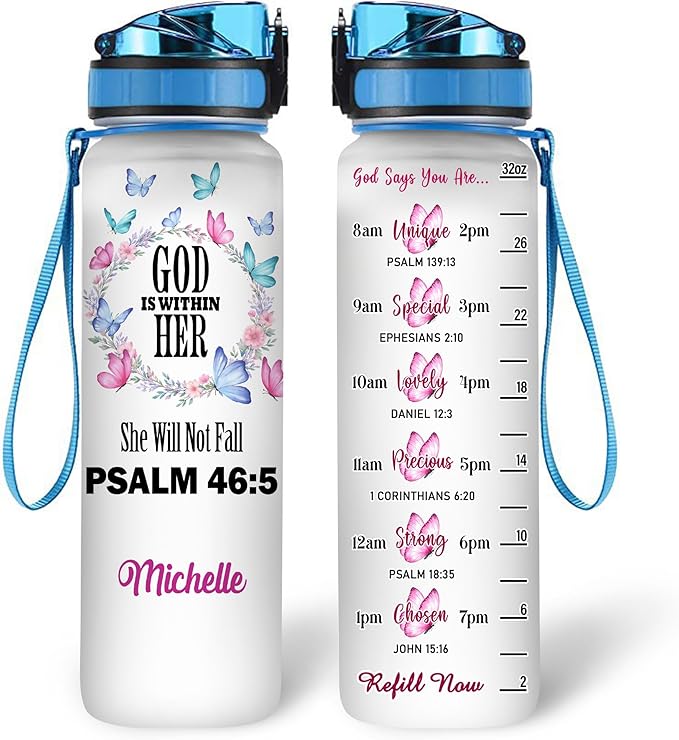 Hyturtle Personalized Christian Water Bottle - 32oz Motivational Water Bottle with Leak-Proof Lid Time Marker - Custom Name Gift for Butterfly Butterfly Lovers Women Girls On Birthday Christmas
