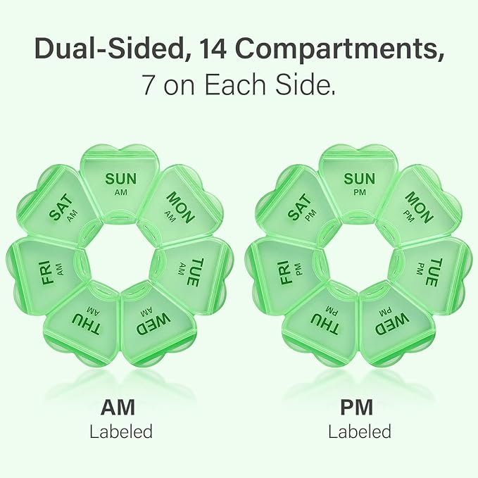 Weekly Pill Organizer, 7 Day AM/PM Pill Box with 14 Compartments, 2 Times a Day Travel Pill Case for Vitamins, Medicine, Fish Oil & Supplements (Green)