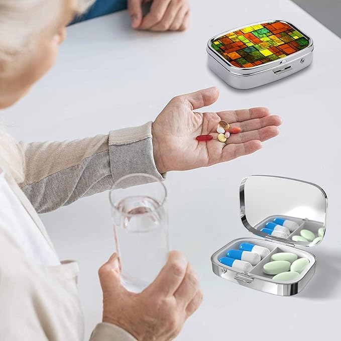 Pill Box-2 Compartment Small Pill Case Square Organizer Case with Mirror Portable Metal Medicine Box Travel Container for Pocket & Purse Women Men(Colorful Gtained Glass)