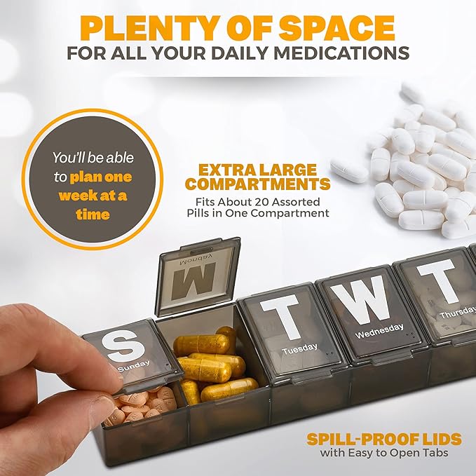 Weekly Pill Organizer - Extra Large with Easy to Read Jumbo Letters Vitamin Container, BPA Free - Daily Travel 7 Day Medication Pill Box Case, (Black, Case of 100)