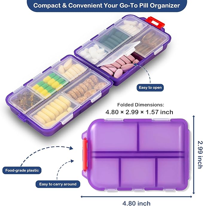 2026 New Extra Large Pill Box with Medicine Labels Travel Essentials Daily Med Container Mini Medication Organizer Storage Organizer Case 7 Day Pill Organizer(Purple)